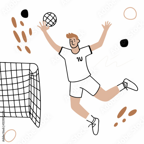 Handball player man in energetic mood shooting the ball with minimalistic background