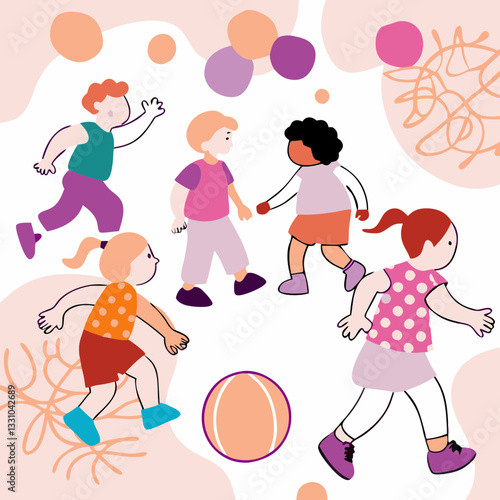 Children playing dodgeball in energetic mood with colorful abstract background