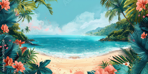 Scenic Tropical Beach Surrounded by Vibrant Hibiscus Flowers
