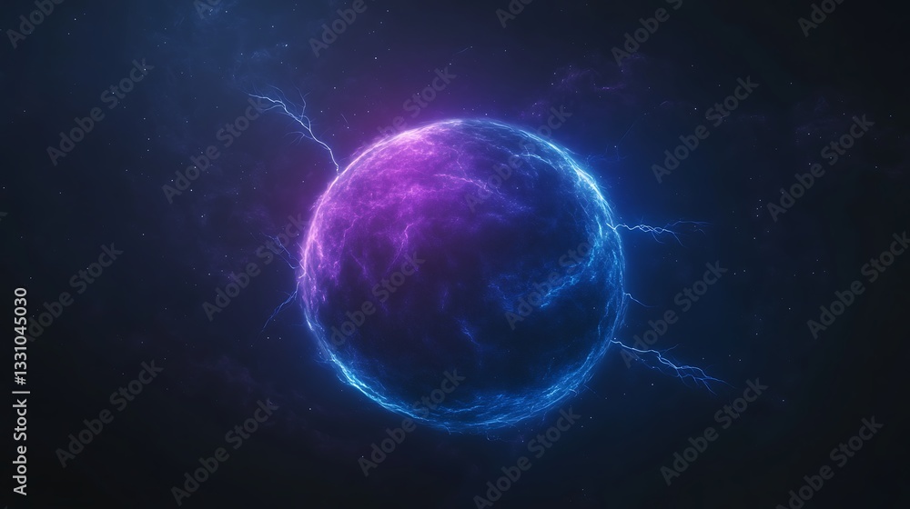 Vibrant cosmic sphere glowing in shades of blue and purple against a dark background. Vibrant cosmic sphere glowing in shades of blue and purple against a dark background.