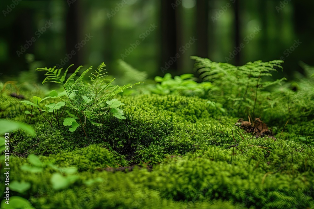 Lush moss-covered forest floor with ferns and pine trees in soft natural light for eco-conscious wall art and wellness branding Lush moss-covered forest floor with ferns and pine trees in soft natural light for eco-conscious wall art and wellness branding