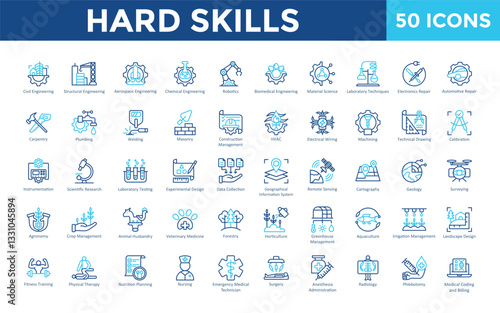 Hard Skills icon set with aerospace engineering, chemical engineering, robotics, biomedical engineering, material science, laboratory techniques, electronics repair icon. Simple outline color vector 
