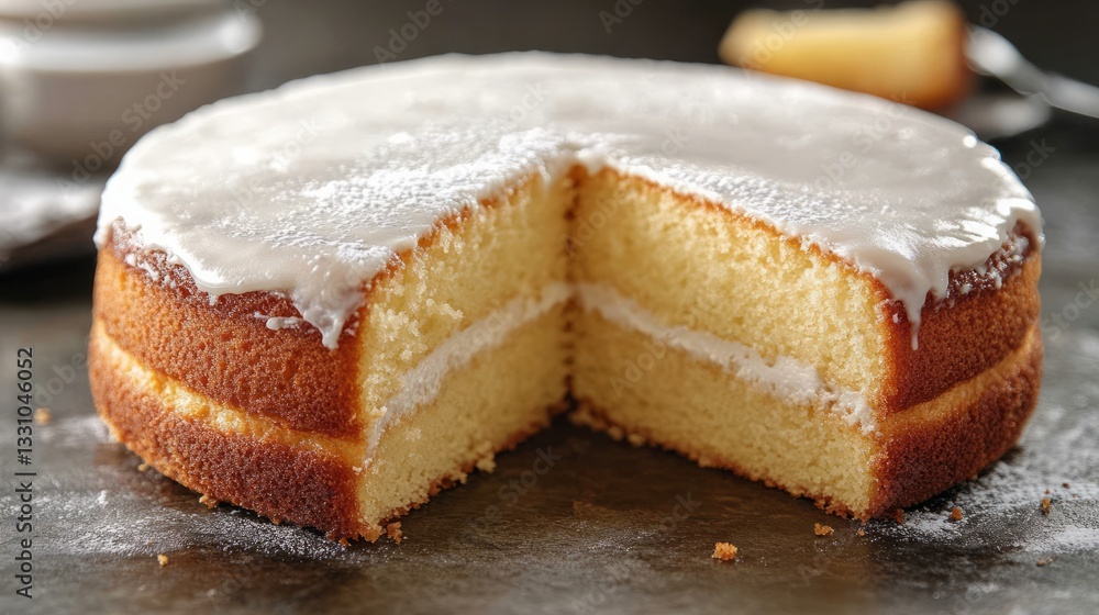 A perfectly iced cake with a slice cut out, displaying the fluffy texture and smooth icing inside A perfectly iced cake with a slice cut out, displaying the fluffy texture and smooth icing inside