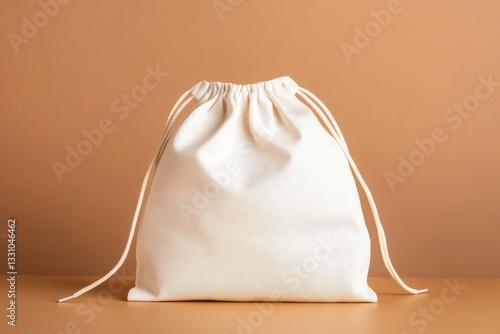 White Cotton Drawstring Bag on Beige Background