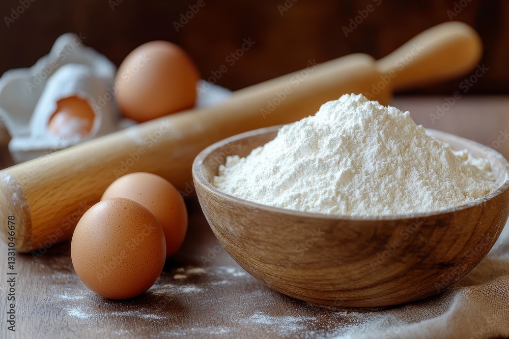 White Flour in Wooden Bowl with Eggs and Rolling Pins on Dark Wood Table White Flour in Wooden Bowl with Eggs and Rolling Pins on Dark Wood Table