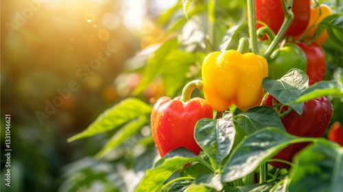 vibrant bell peppers ripening on a vine in a sunny garden. The image captures a variety of colors, including red, yellow, and green. The peppers are surrounded by lush green leaves.