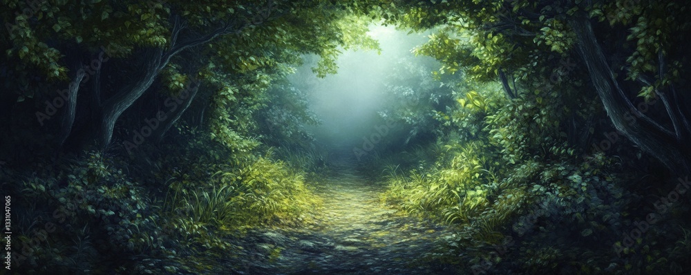 Obraz premium A mysterious path illuminated by light deep within a forest