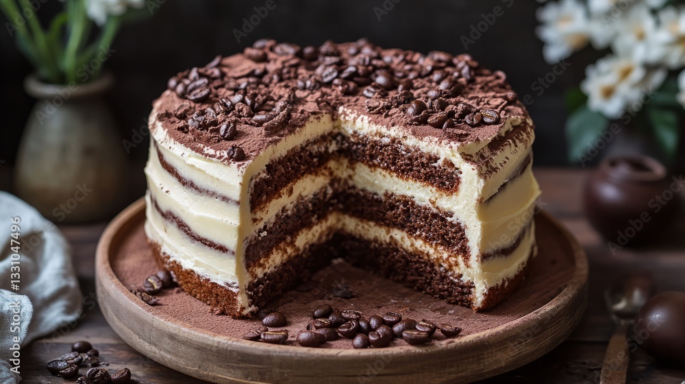 A realistic tiramisu cake with a slice cut out, showing the layers of coffee-soaked cake and creamy filling A realistic tiramisu cake with a slice cut out, showing the layers of coffee-soaked cake and creamy filling