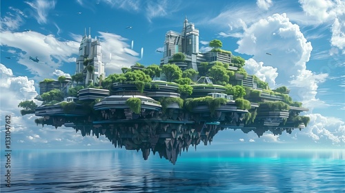 An eye-level view of a fantasy floating island amidst a calm ocean and a clear sky. This fantastical landscape features structures covered in lush greenery.