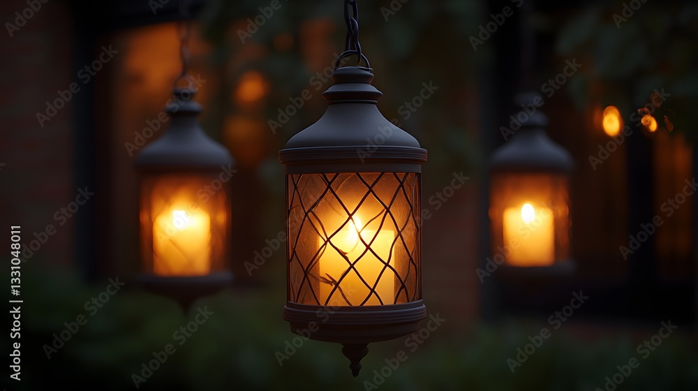 Outdoor lanterns with candles at dusk Outdoor lanterns with candles at dusk