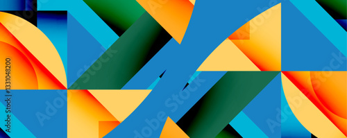 Abstract geometric composition with interlocking circular and angular shapes, featuring smooth gradients and sharp contrasts on a white background