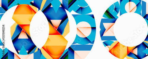 Abstract geometric composition with interlocking circular and angular shapes, featuring smooth gradients and sharp contrasts on a white background