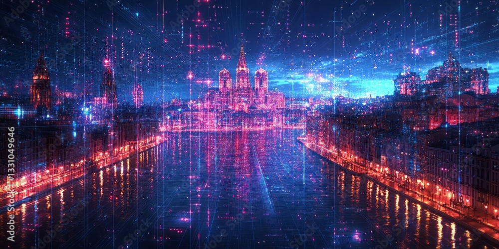 Fototapeta premium Futuristic cityscape reflected in water with intricate digital overlays