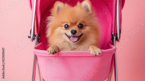 Happy dog in pink stroller with playful expression.