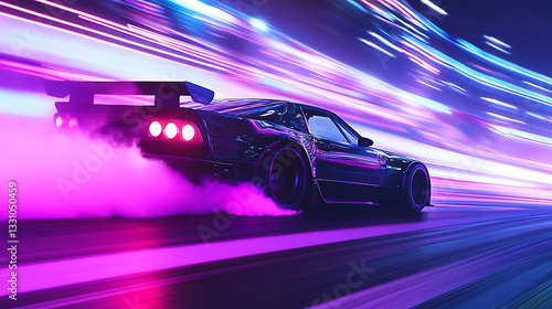 A drifting car kicking up smoke in a high-speed race on a neon-lit track.