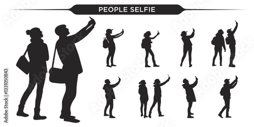 Silhouettes of people taking selfies in various poses