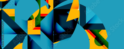 Abstract geometric artwork with interwoven angular and curved shapes, dynamic composition with smooth gradients and bold contrasts