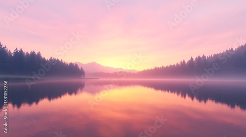 Wallpaper Mural Serene lake at sunrise, surrounded by misty mountains and evergreen trees, reflecting soft pastel colors. Torontodigital.ca