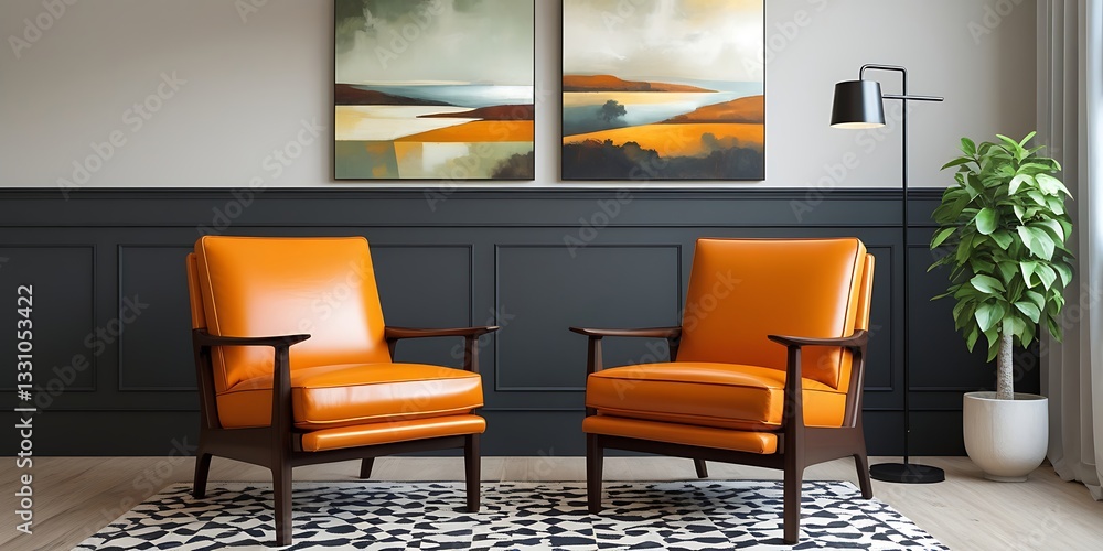 Fototapeta premium Stylish mid-century modern living space with two orange leather armchairs, abstract landscape paintings, a patterned rug, and elegant dark wood paneling for a cozy, sophisticated ambiance