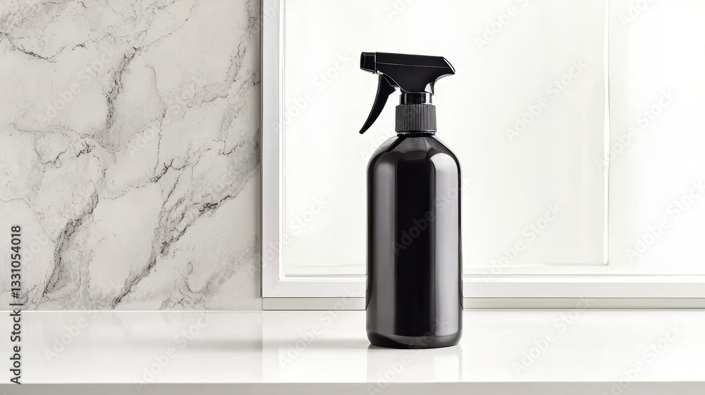 A sleek window cleaning spray bottle on a minimalist white countertop, sparkling clean window in the background, soft natural light, ample copy space on the right A sleek window cleaning spray bottle on a minimalist white countertop, sparkling clean window in the background, soft natural light, ample copy space on the right