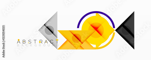 Geometric abstract design with layered triangles, circles, and gradients, forming a structured pattern with sharp contrasts and depth