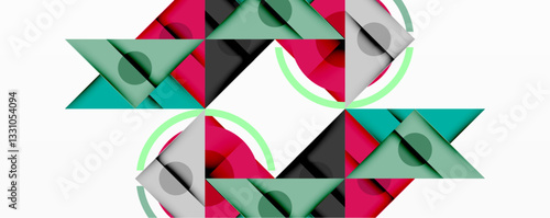 Geometric abstract design with layered triangles, circles, and gradients, forming a structured pattern with sharp contrasts and depth