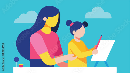 Happy Mother's Day! A heartwarming flat illustration of a mother and daughter bonding while painting together on a canvas. Perfect for cards, websites, and social media. Celebrate 