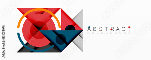 Geometric abstract design with layered triangles, circles, and gradients, forming a structured pattern with sharp contrasts and depth