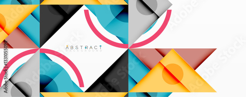 Geometric abstract design with layered triangles, circles, and gradients, forming a structured pattern with sharp contrasts and depth