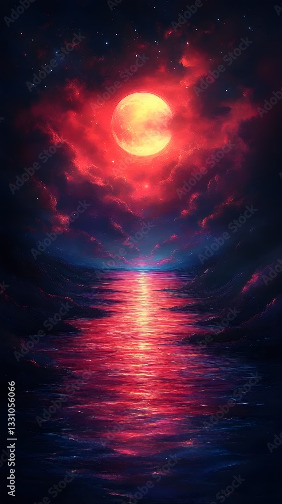 Fototapeta premium Red Moon over a Blood-Tinted Sea