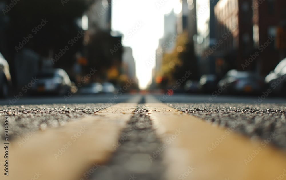 Obraz premium Low Angle View Of Double Yellow Lines On City Street At Sunset