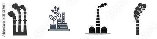 Four smoking industrial factory silhouettes in row against white background, illustrating environmental pollution isolated on white or transparent