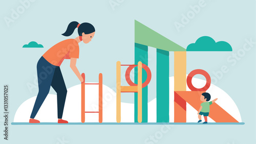 Happy Mother's Day! A loving mother gently guides her toddler through a vibrant, modern playground, creating cherished memories. This heartwarming illustration perfectly captures  