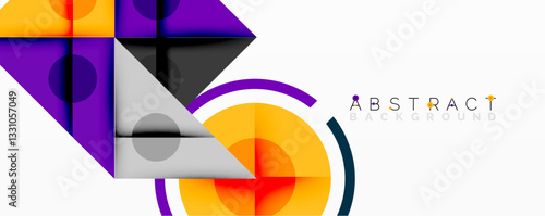 Geometric abstract design with layered triangles, circles, and gradients, forming a structured pattern with sharp contrasts and depth