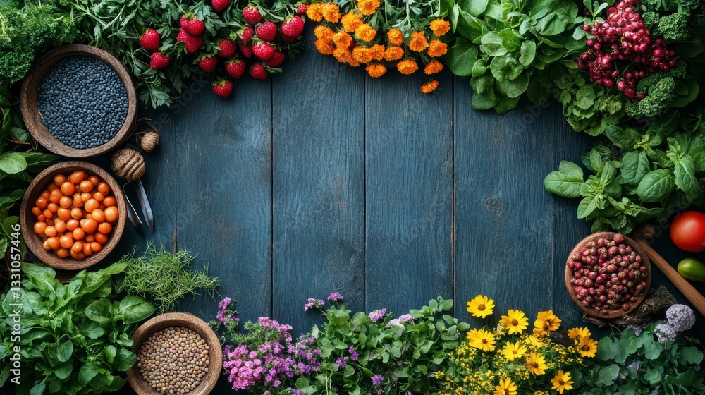 Culinary Garden Frame: An artistic arrangement of colorful, vibrant, and natural food ingredients create a beautifully framed border on a rustic wooden table.