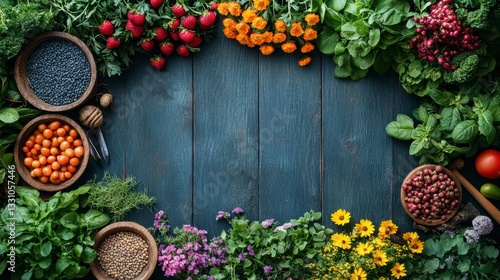 Obraz na płótnie Culinary Garden Frame: An artistic arrangement of colorful, vibrant, and natural food ingredients create a beautifully framed border on a rustic wooden table. w salonie