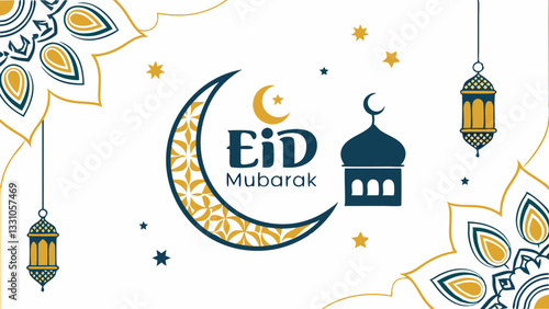 Eid Mubarak Celebration Crescent Moon, Mosque, and Festive Lanterns