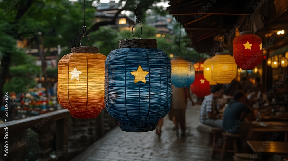 Colorful paper lanterns hang over a walkway at night Colorful paper lanterns hang over a walkway at night