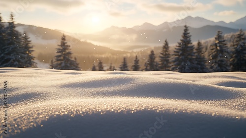 Wallpaper Mural Golden sunset over a snowy mountain landscape with trees covered in frost. Winter scenic beauty concept Torontodigital.ca