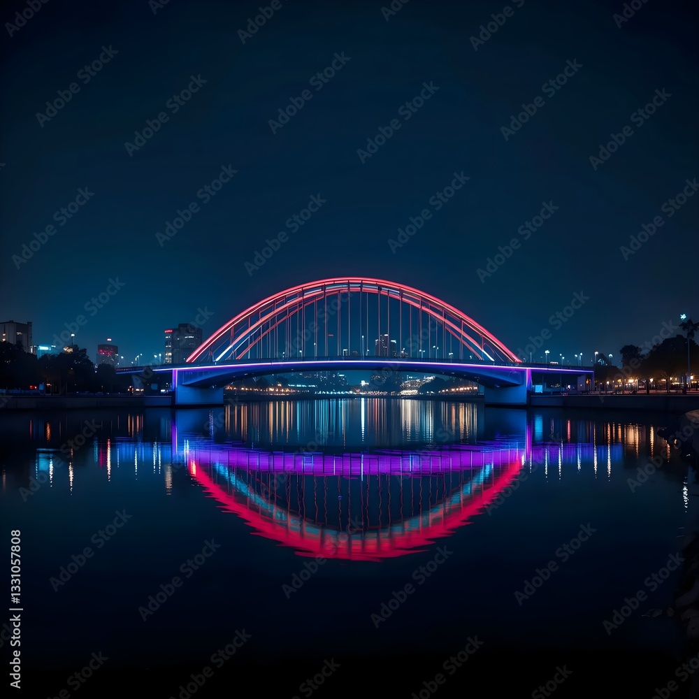 Fototapeta premium A stunning night view of a modern bridge reflecting in calm waters.
