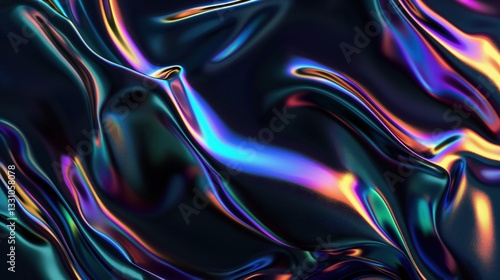 Abstract iridescent liquid metal texture with vibrant glowing reflections in a futuristic dark aesthetic design