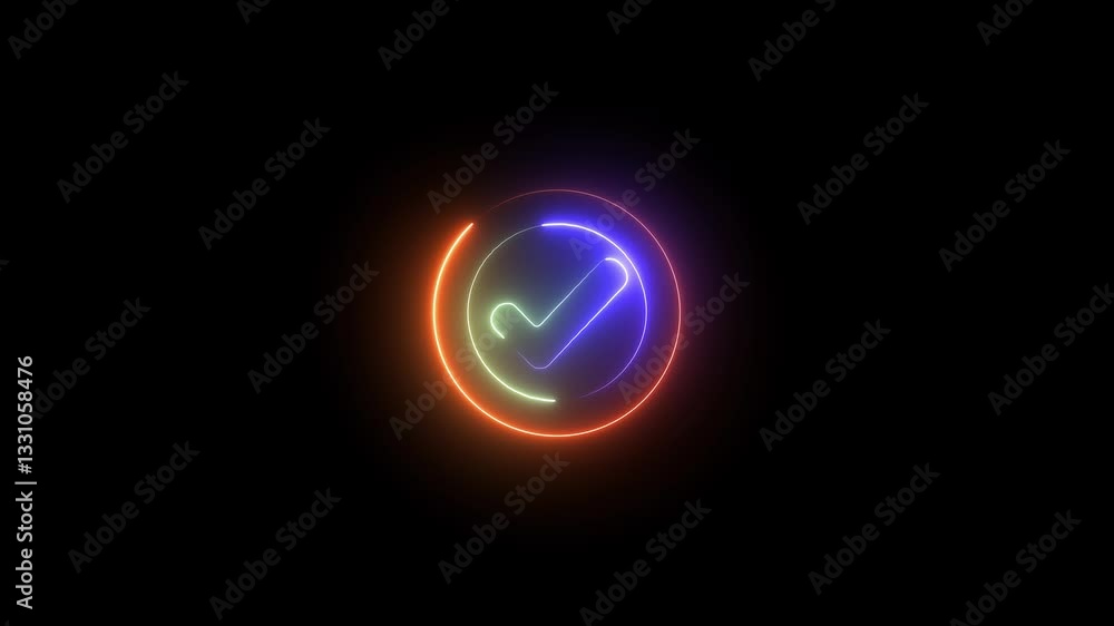 Beautiful black background of tick icon, Neon Adobe Stock logo, bright circular design, heart shape, vibrant colors, modern technological feel Beautiful black background of tick icon, Neon Adobe Stock logo, bright circular design, heart shape, vibrant colors, modern technological feel