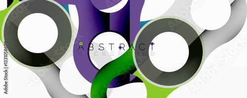 Abstract geometric pattern with interlocking circular and tubular shapes featuring smooth gradients, sharp contrasts, and dynamic layering