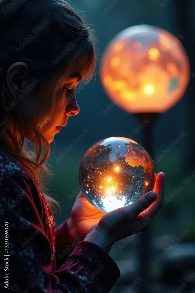 Naklejka premium Gazing into a glowing crystal ball with a candlelit globe in the background, hypnotic, ball, mystical