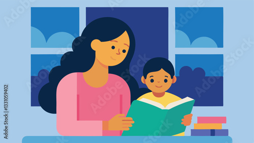 Sweet Dreams: A heartwarming Mother's Day illustration of a loving mother gently reading a bedtime story to her cherished child, creating a tender moment of connection and love.   