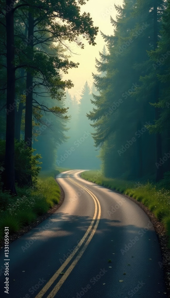 Obraz premium Gentle curves of a forest road under a hazy sky, road, gentle