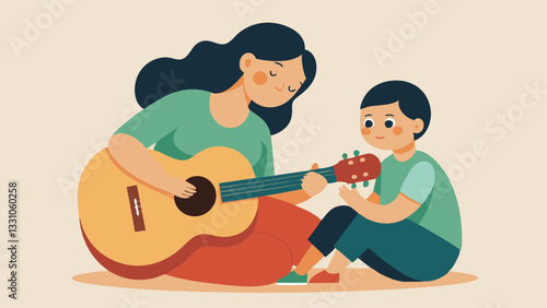 Happy Mother's Day! Flat Illustration of a Loving Mom Serenading Her Child with a Gentle Acoustic Guitar Melody, Creating a Heartwarming Family Moment, Perfect for Mother's Day    