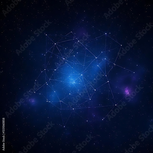 Vast space map, intricate constellation connections, deep blue and purple hues, stars scattered across a dark background