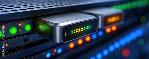 Wallpaper Mural Closeup of a server rack with glowing labels showing Secured, Updated, and Active Monitoring statuses Torontodigital.ca