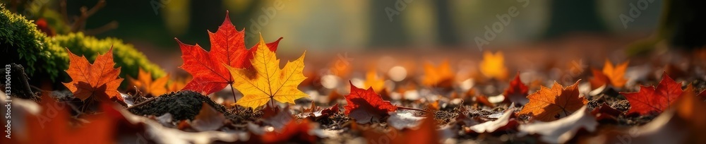 Maple leaves on the ground amidst fallen branches and twigs, forest, nature, leaves Maple leaves on the ground amidst fallen branches and twigs, forest, nature, leaves
